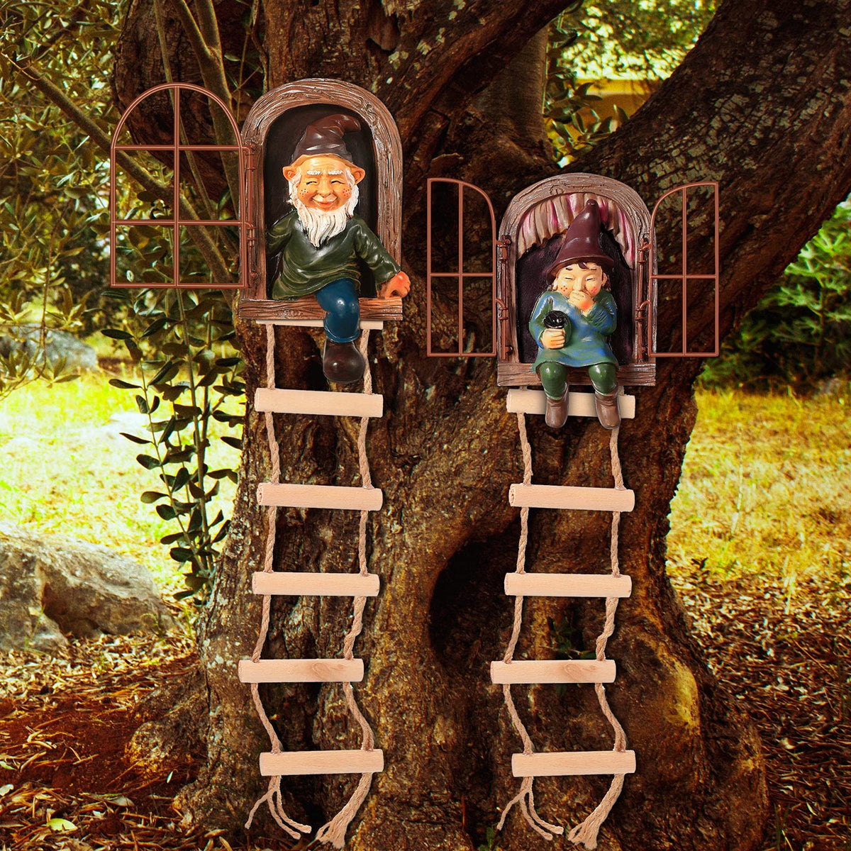 Thyle tree-hugger gnome outdoor figurine perched on a branch for garden whimsy.