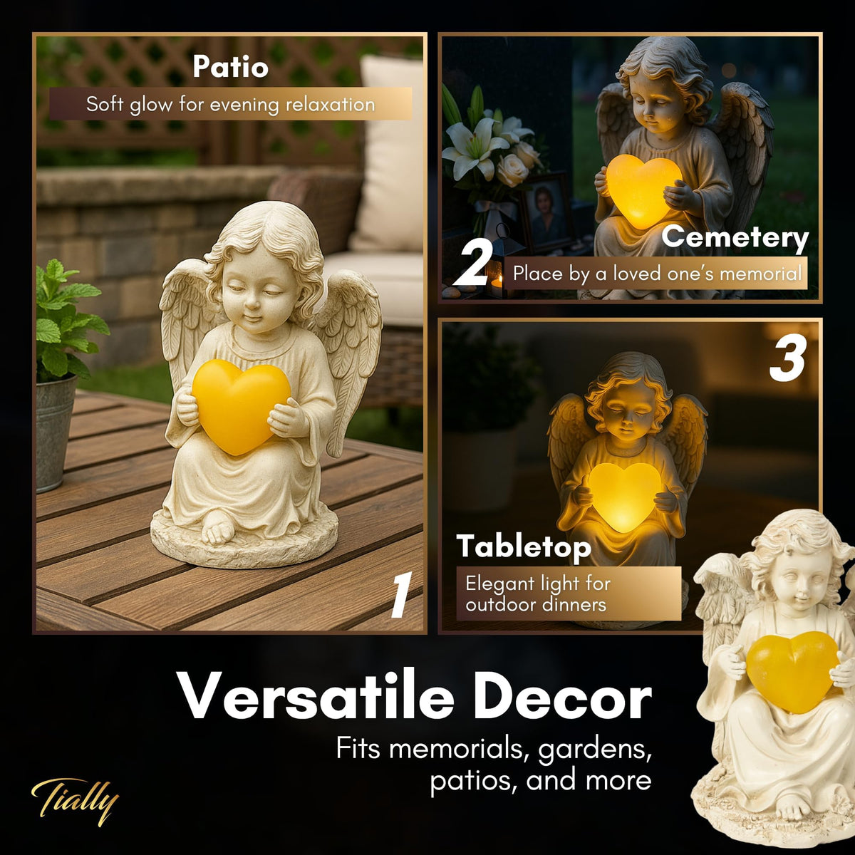 TIALLY angel statue in garden at night with soft glow