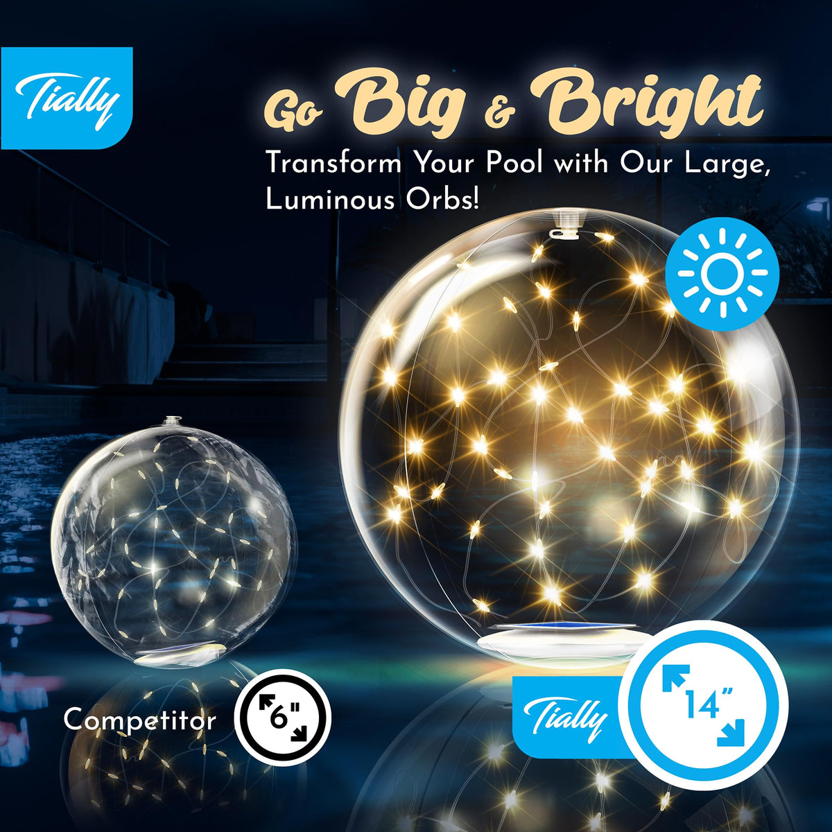 TIALLY solar-powered floating balls illuminate pools at night for festive gatherings