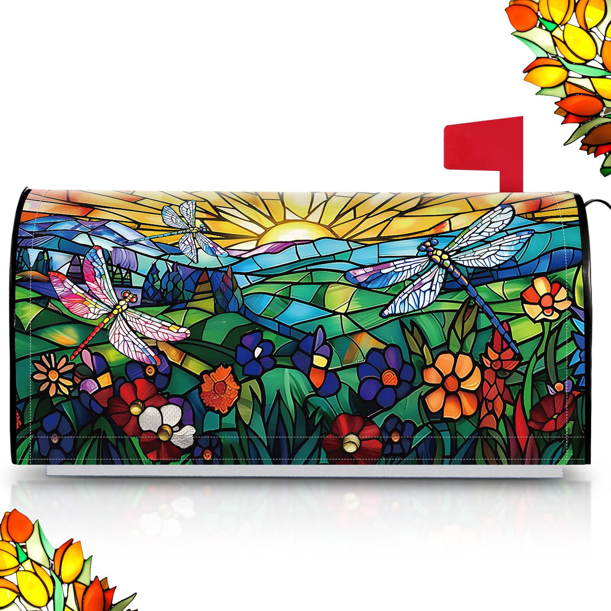 Tiamon dragonfly mailbox cover close-up showing vibrant stained-glass details for curb appeal