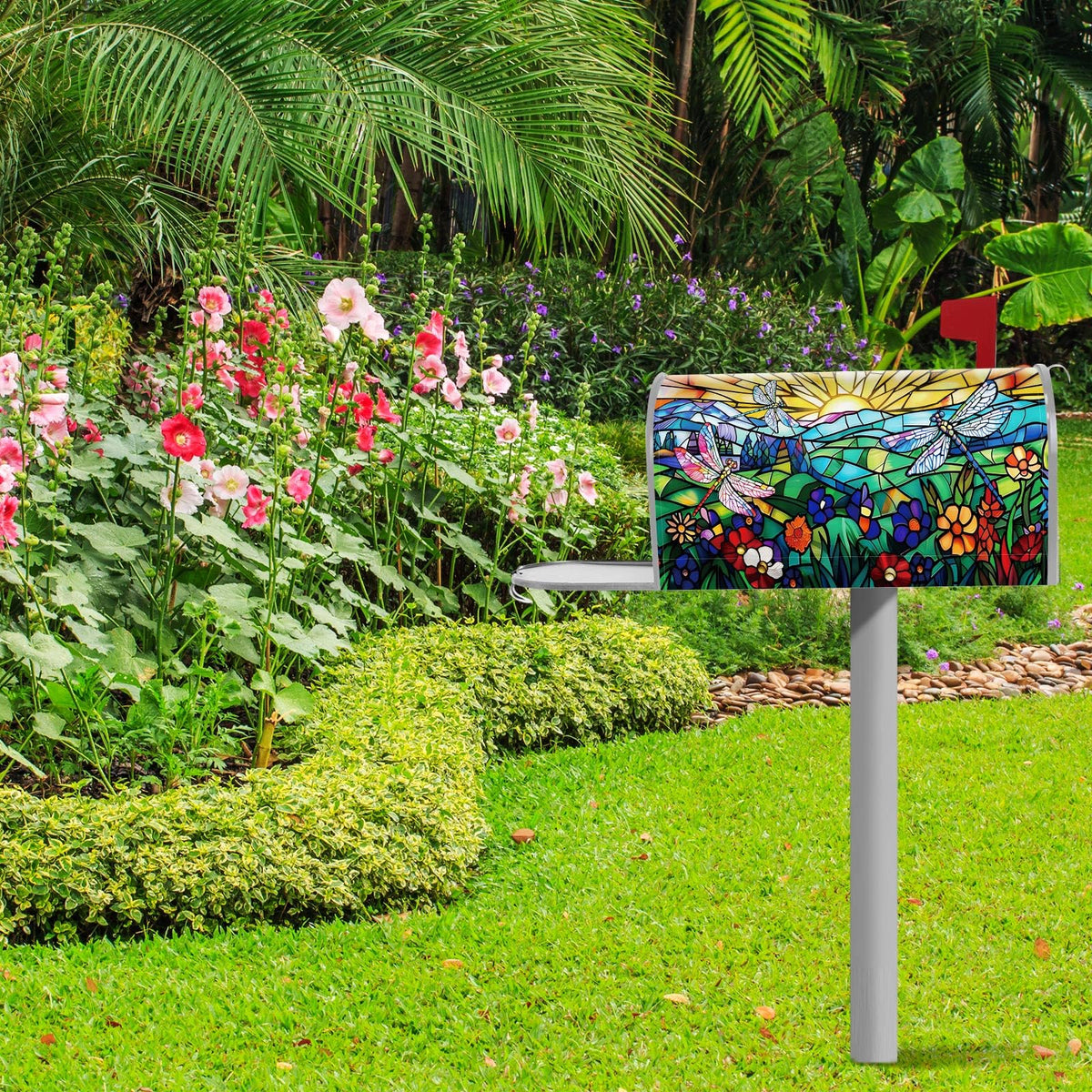 Tiamon dragonfly mailbox cover in a garden setting adds seasonal charm