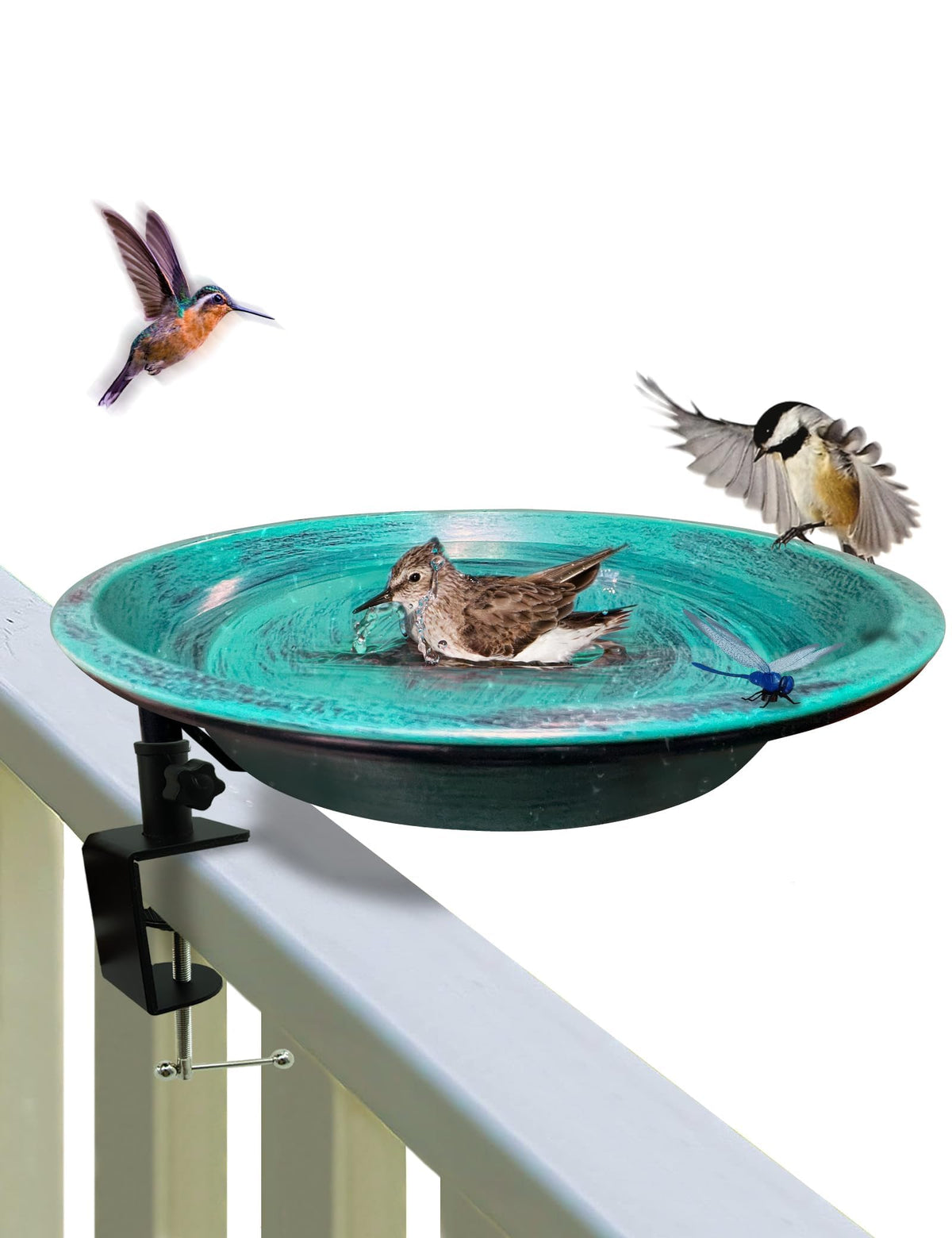 TIANCENTRAL H deck bird bath with mounted clip for quick setup and bird attraction.
