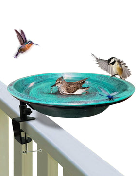 TIANCENTRAL H deck bird bath with mounted clip for quick setup and bird attraction.