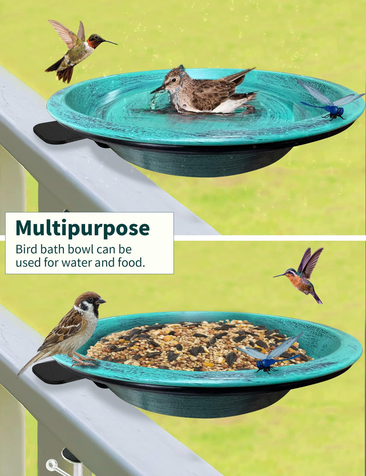 TIANCENTRAL H sturdy metal clamp on deck provides stable outdoor bird bath.