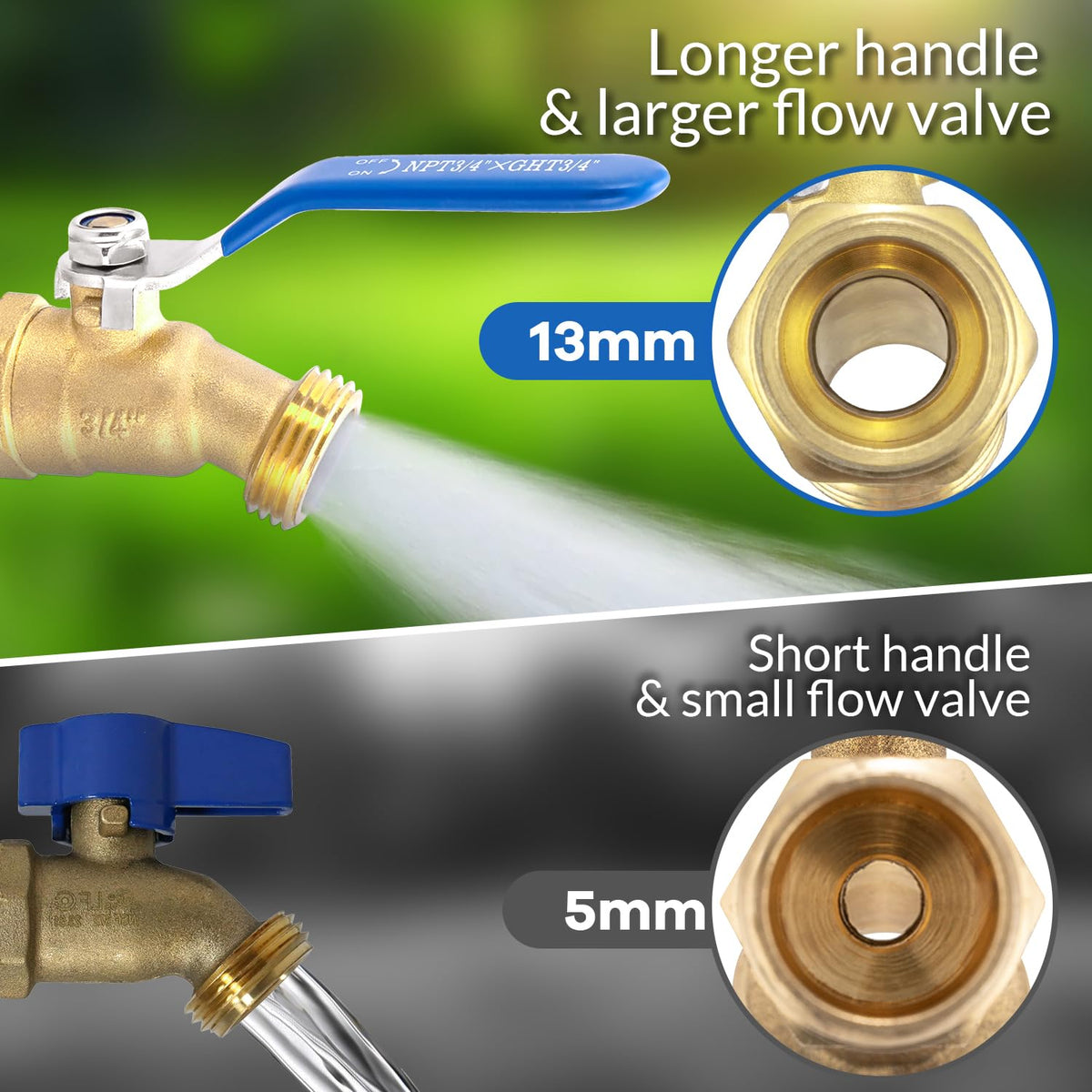 TianTianUp hose bibb outlet view emphasizes 0.55-inch bore for strong flow.