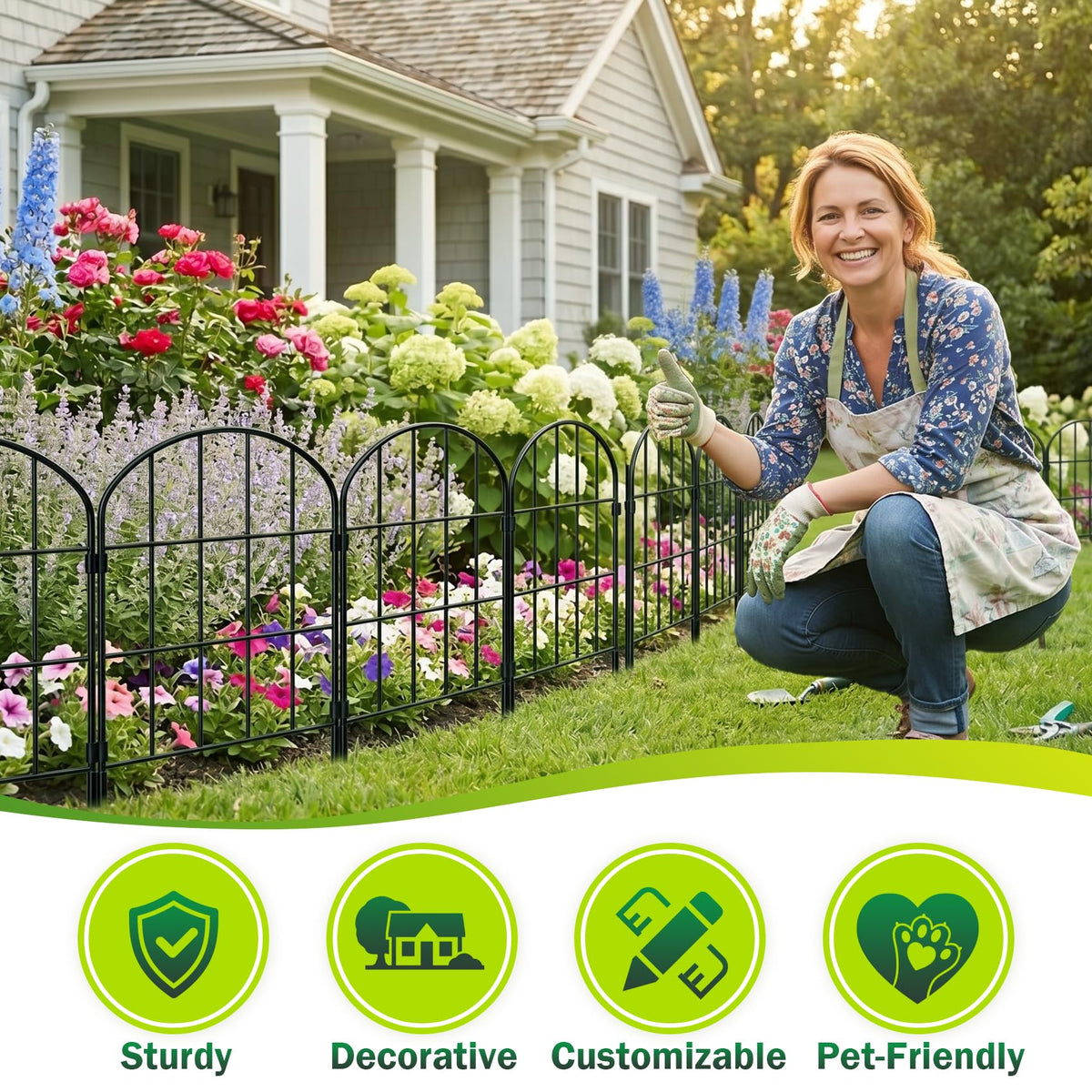 Ticanros outdoor fence border creates defined yard edges with decorative appeal.