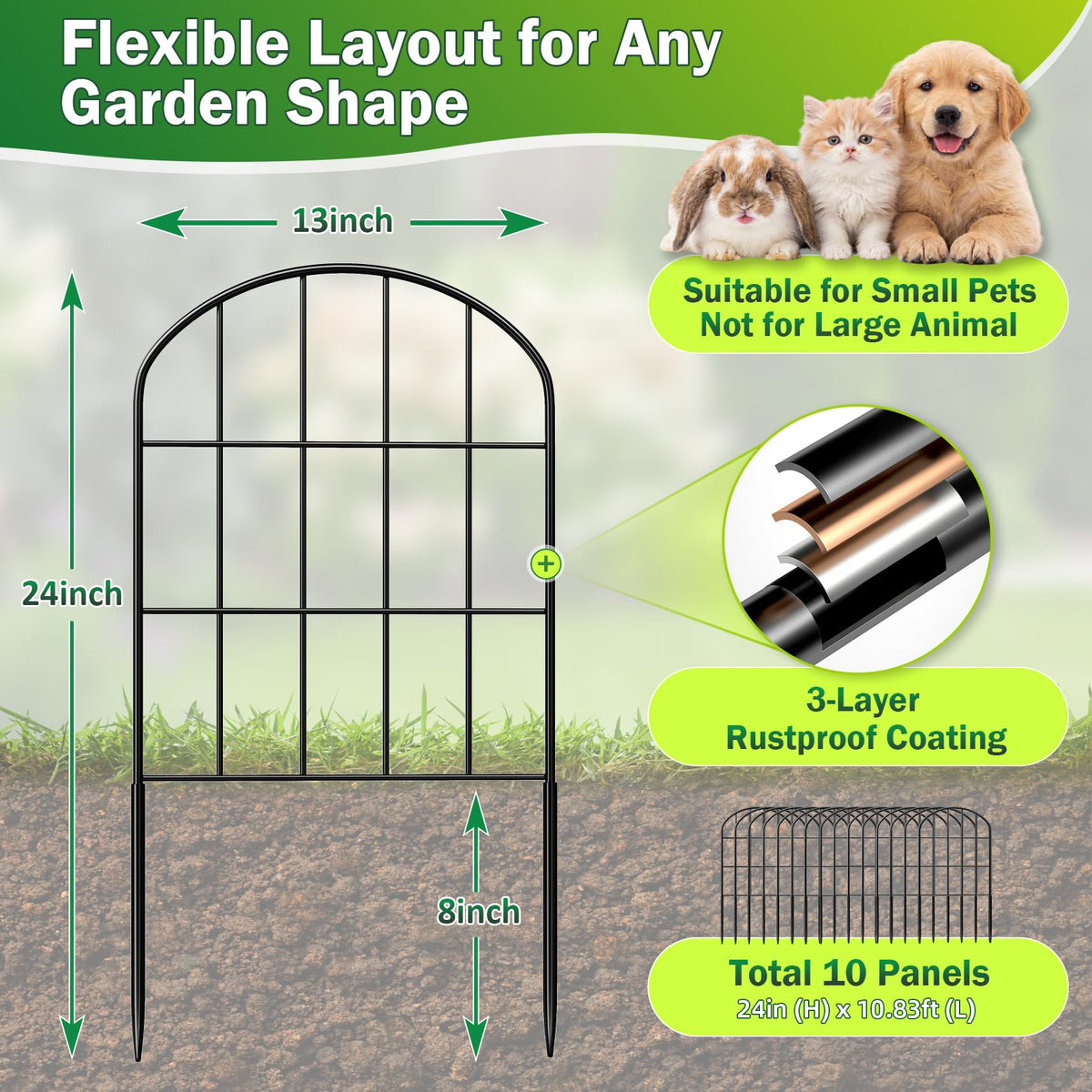 Ticanros rustproof metal finish resists weather on outdoor fencing.