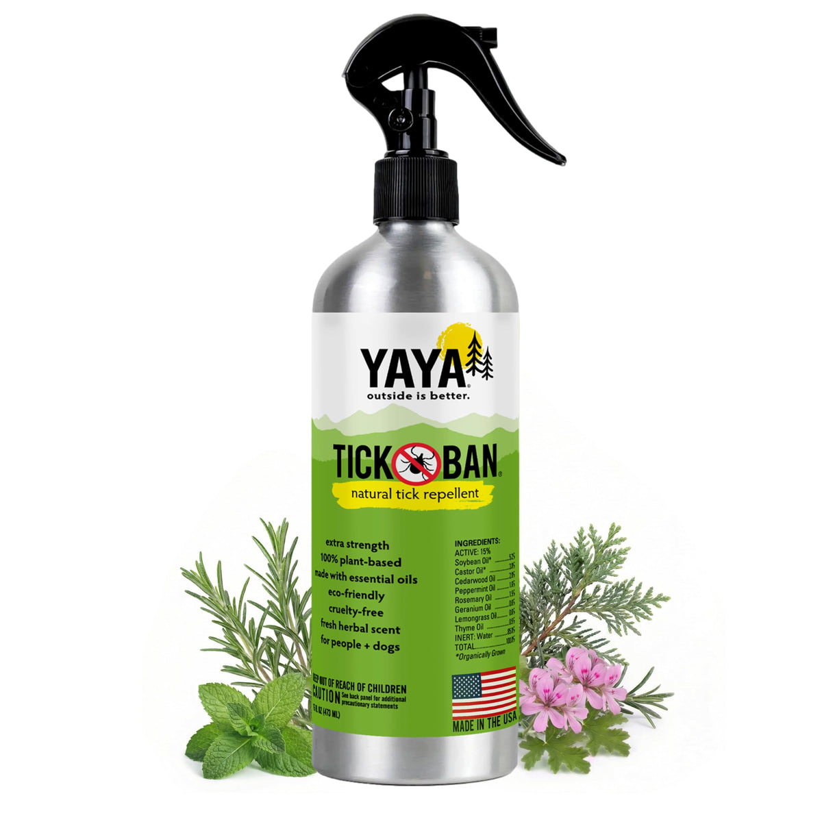 Tick Ban Yaya Organics spray bottle shown for outdoor protection.