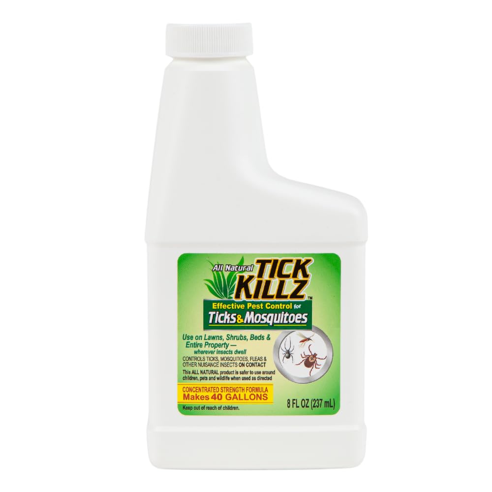 Tick Killz 8-ounce concentrate bottle for safe, pet-friendly outdoor tick and mosquito control.
