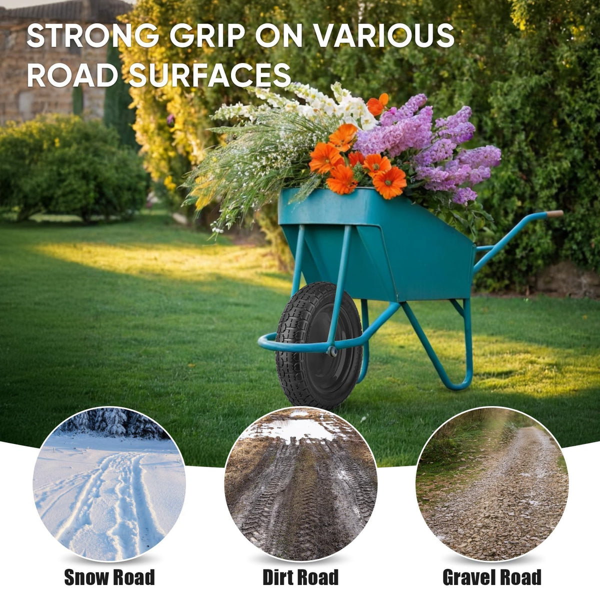 Black wheelbarrow tire installed delivers reliable performance.