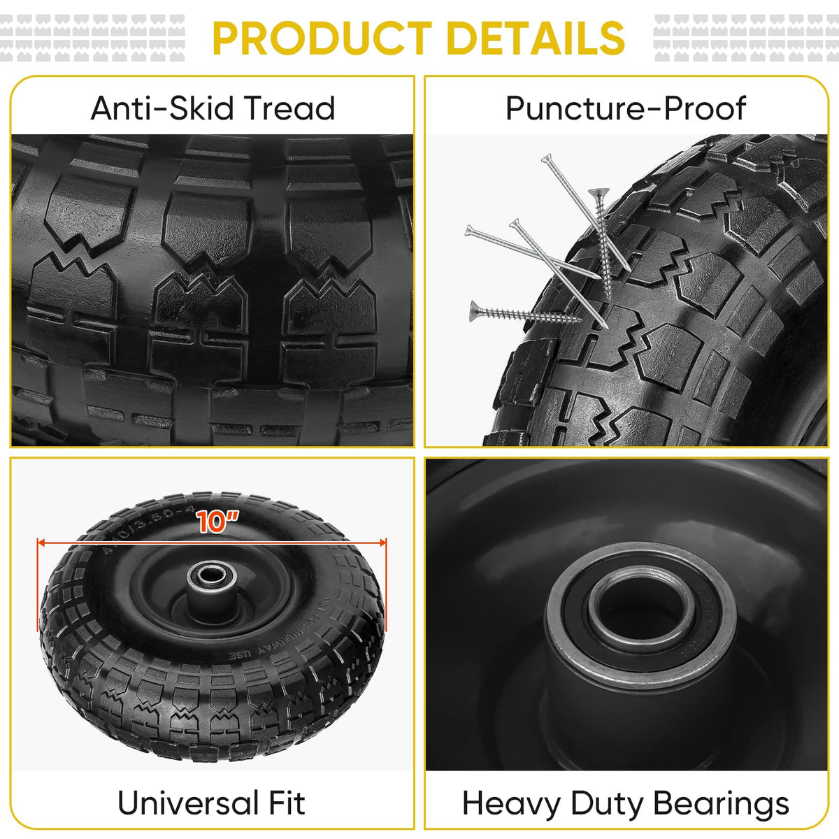 TICONN 410-350-4-inch flat-free wheels provide reliable outdoor mobility.