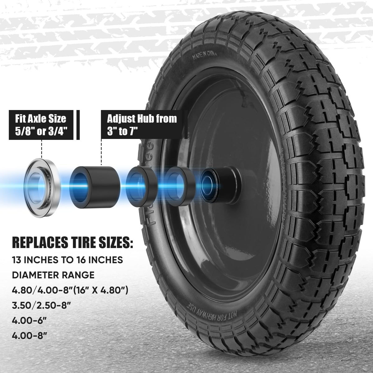 Close-up of polyurethane solid tire shows robust puncture resistance.