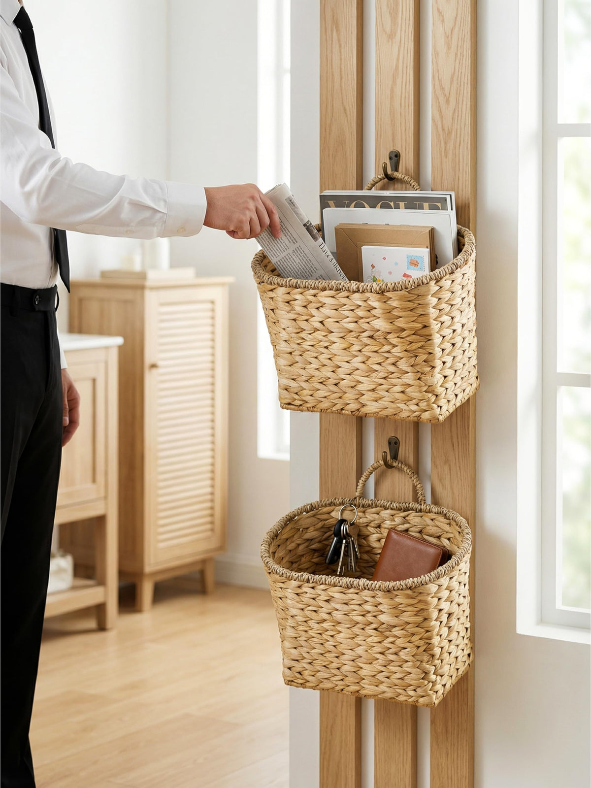 Tidita wall basket bathroom towels display and tidy essentials with natural texture.
