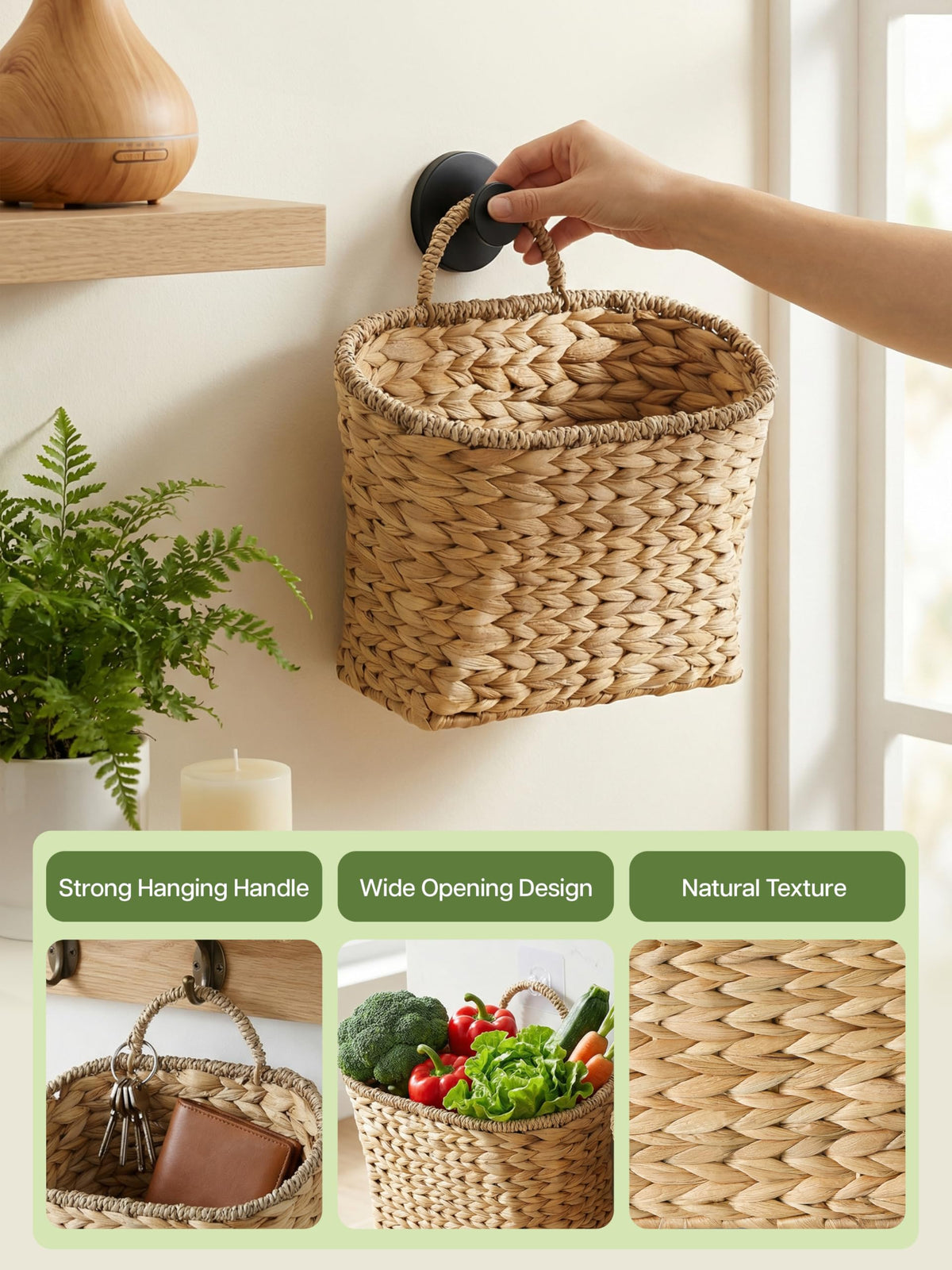 Tidita wall basket loop handle for quick hanging and repositioning.