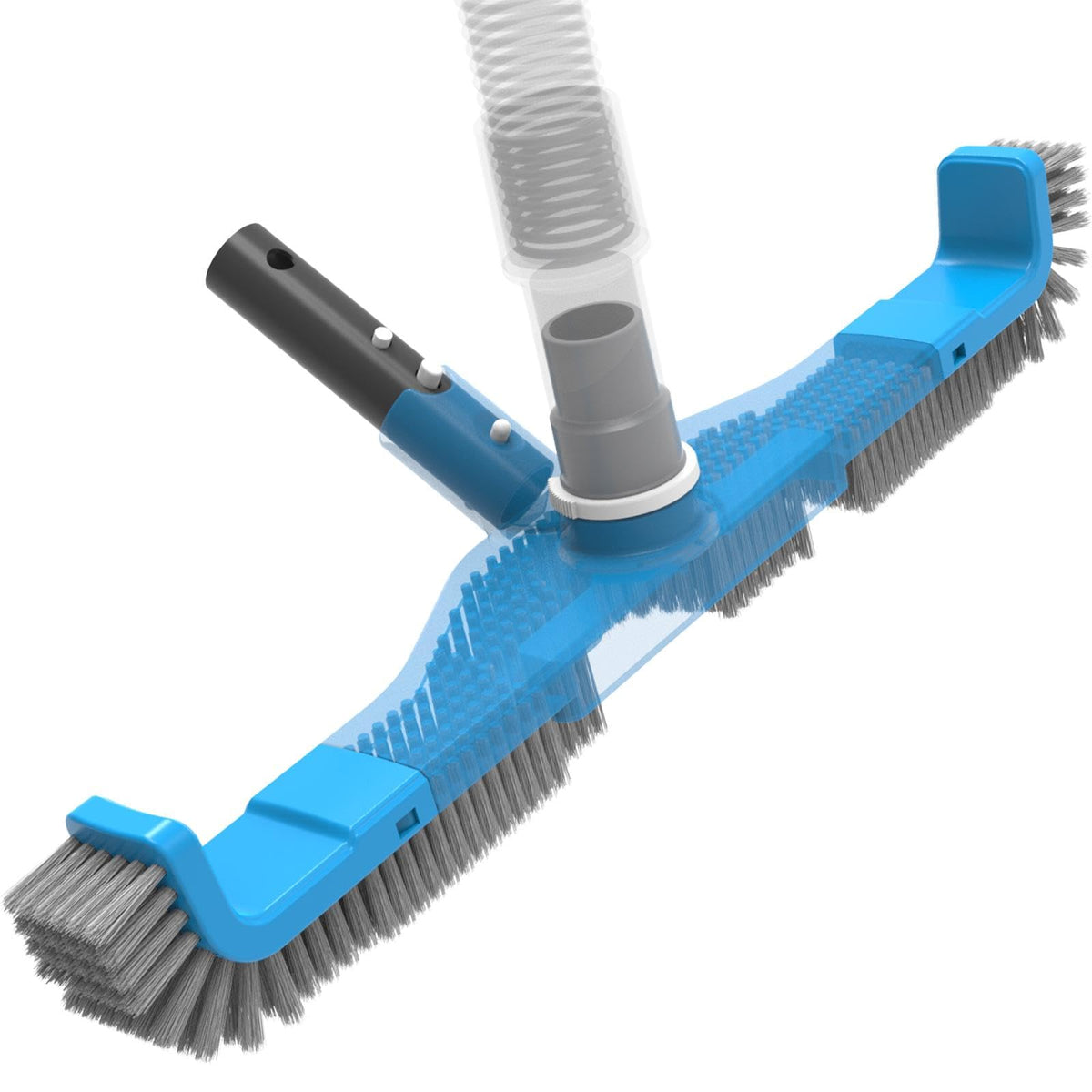 TidyMister 20-inch pool brush shows a wide cleaning path for faster scrubbing.