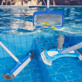 TidyMister weighted-vacuum-head glides across the pool floor while brushing the walls.