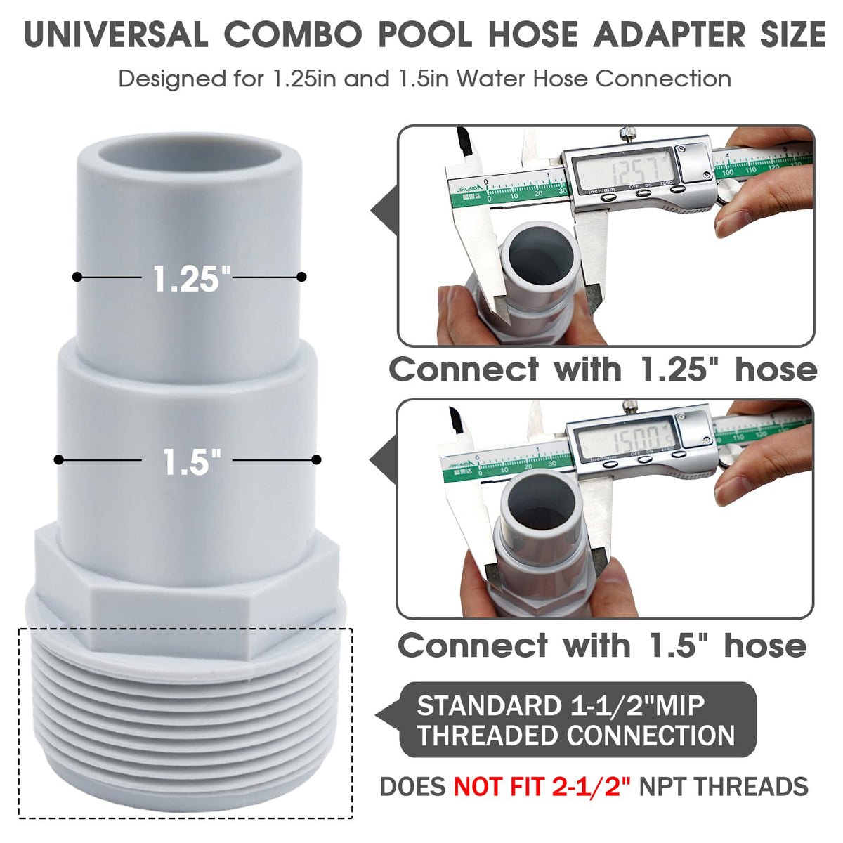 Tidymister hose adapter assembly closeup showing secure 1-1/2 inch connection.