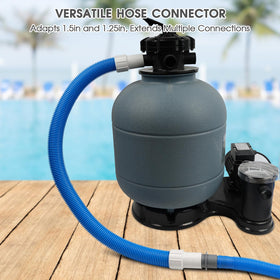 Tidymister pool hose adapter in use with vacuum hose for cleaning.