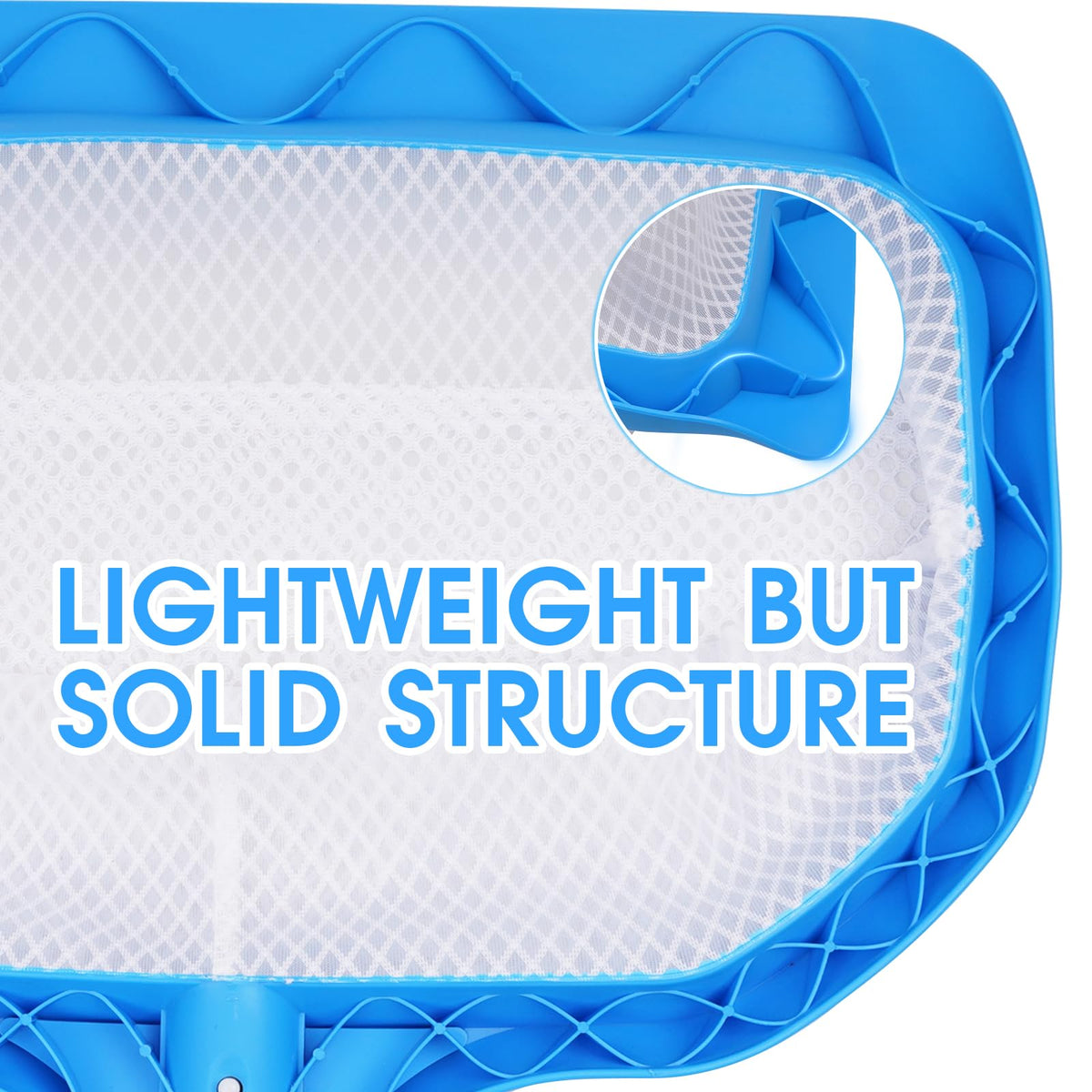 TidyMister pool skimmer showing beveled front lip for efficient debris collection.