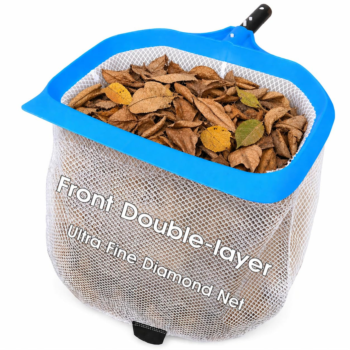 TidyMister pool skimmer with front double layer net in action removing surface debris.
