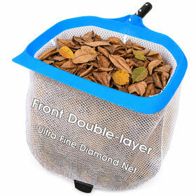 TidyMister pool skimmer with front double layer net in action removing surface debris.