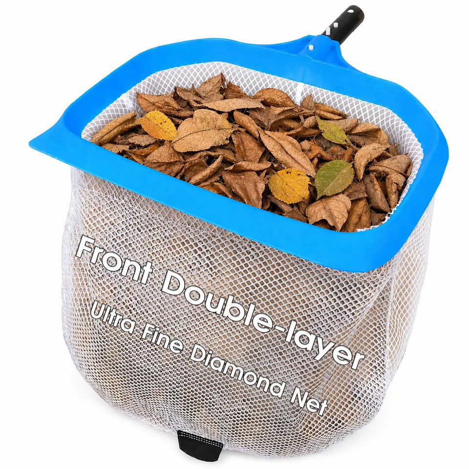 TidyMister pool skimmer with front double layer net in action removing surface debris.