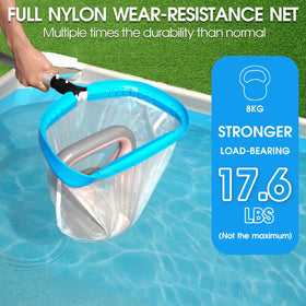 TidyMister skimmer in use over a pool surface for clearer water.