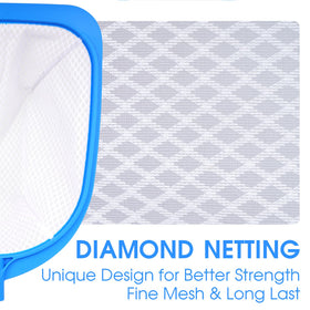TidyMister pool skimmer net with ultra-fine diamond mesh captures fine debris.