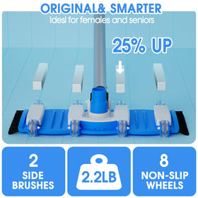 Tidymister pool vacuum head with side brushes for edge-to-edge debris pickup.
