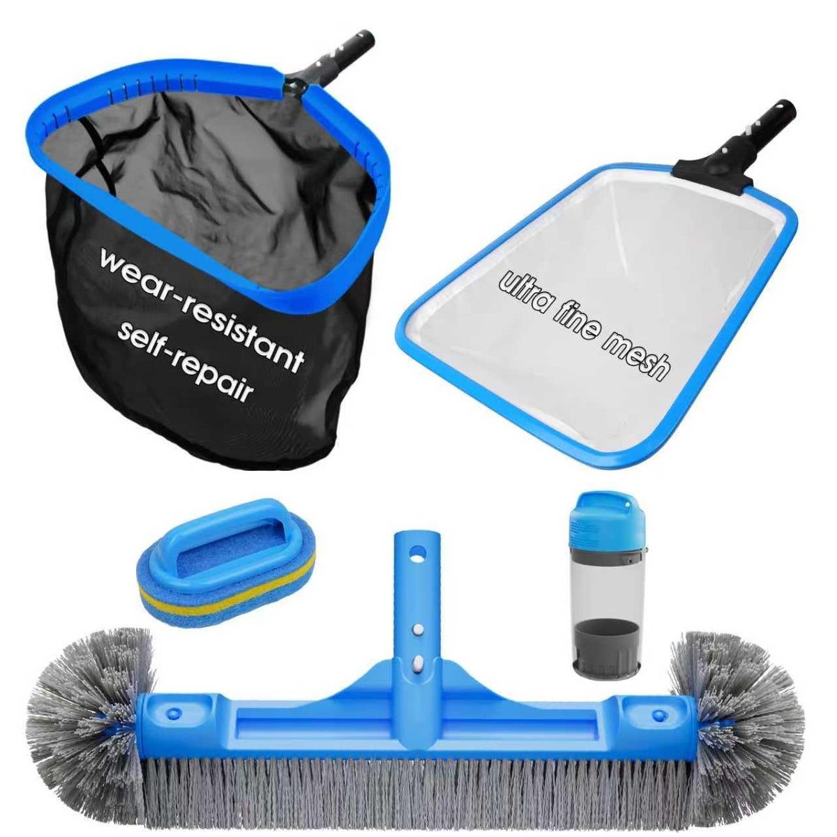 TidyMister repairable pool net shown in use, emphasizing durability and debris removal