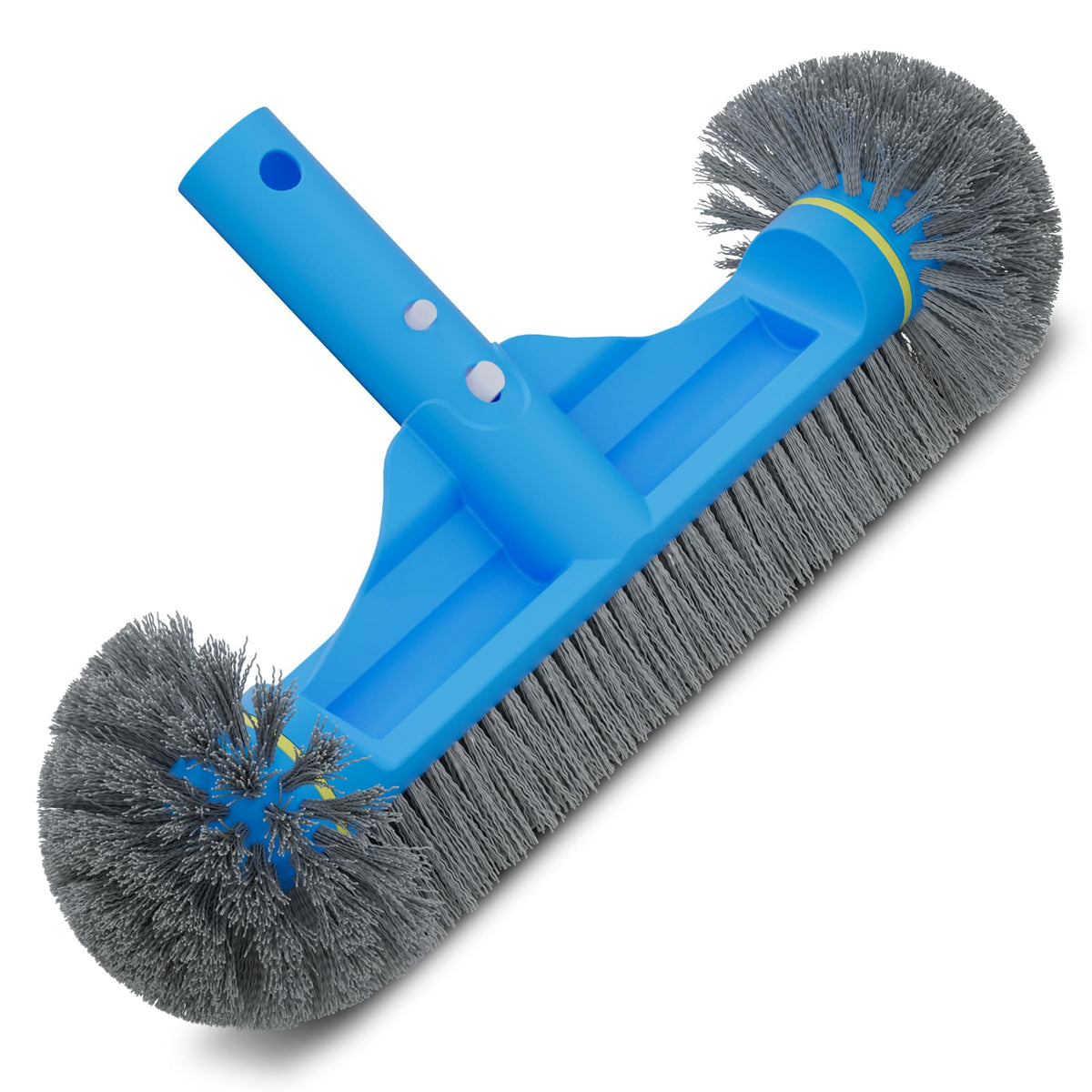 Tidymister round-end pool brush head reaching tight corners for thorough cleaning.