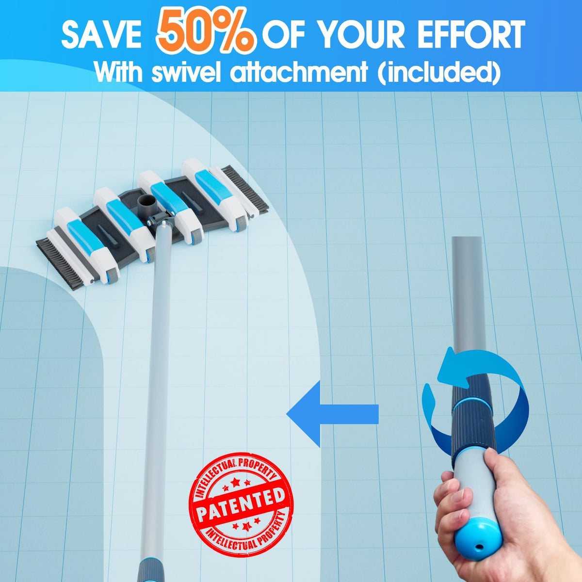 TidyMister side and bottom brushes lift leaves for thorough pool scrubbing.