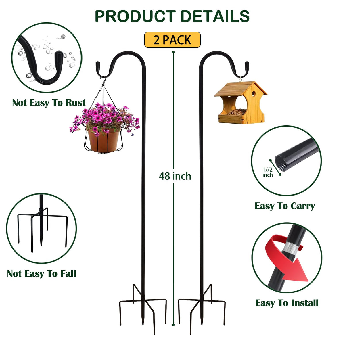 TIEBOLA heavy-duty metal shepherd hook with black powder coating resists outdoor rust.