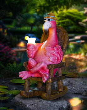 Tiejiajiang flamingo rocking chair statue in the garden adds playful charm to outdoor spaces.