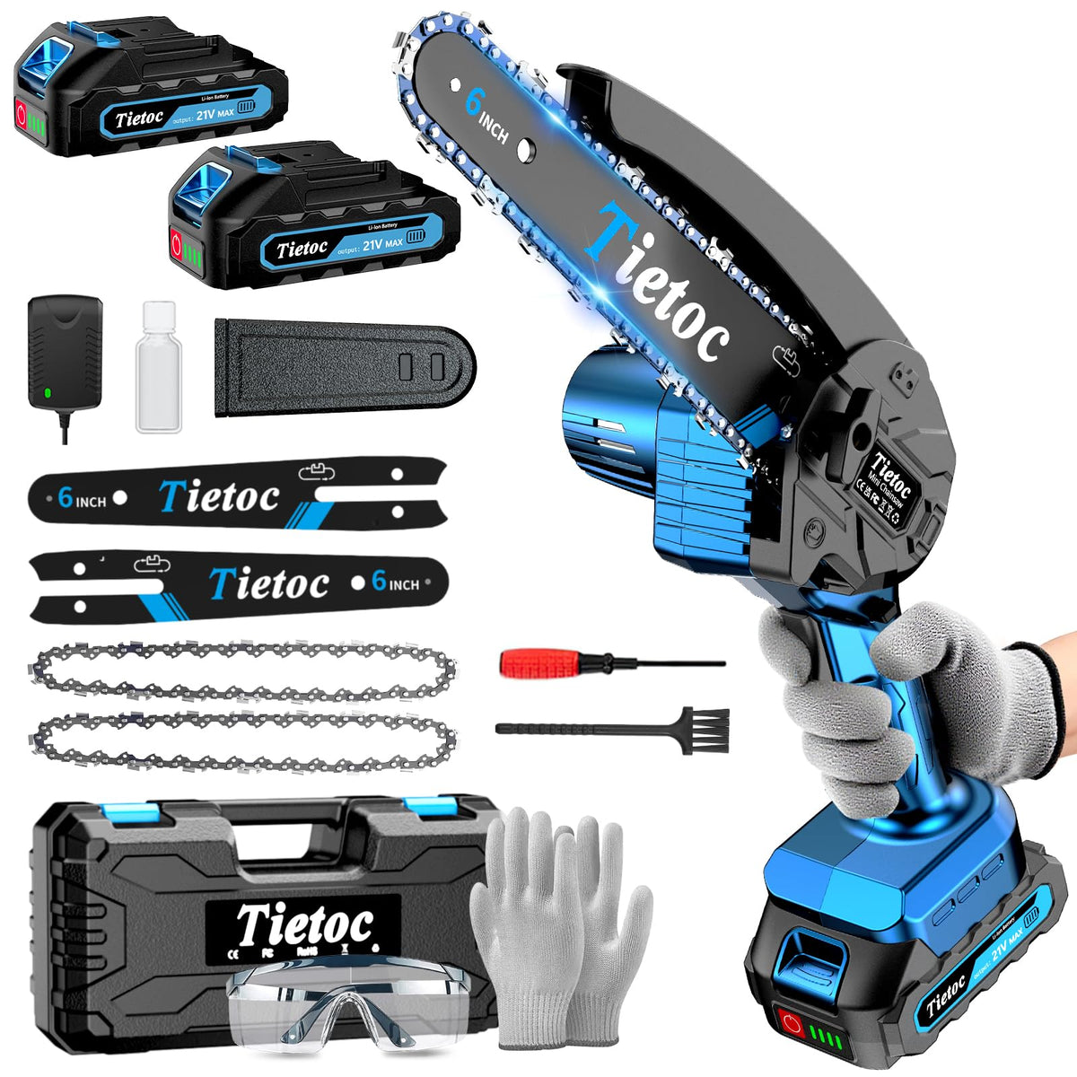 Tietoc mini chainsaw in action with a 6-inch cut, ideal for efficient yard tasks