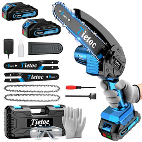 Tietoc mini chainsaw in action with a 6-inch cut, ideal for efficient yard tasks
