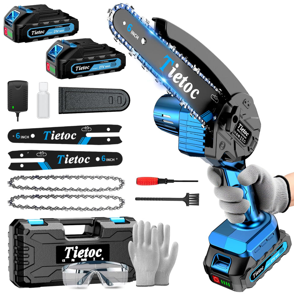Tietoc mini chainsaw in action with a 6-inch cut, ideal for efficient yard tasks