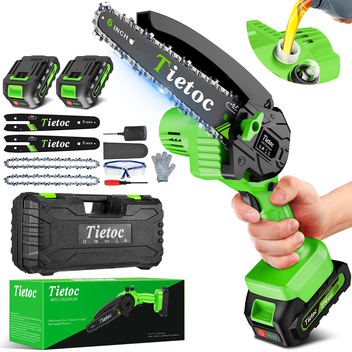 Tietoc mini-chainsaw 6-inch power for quick garden pruning and light wood cuts.