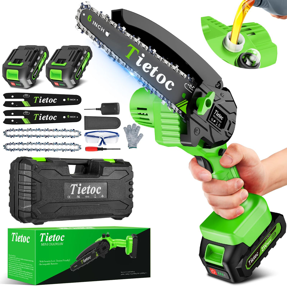 Tietoc mini-chainsaw 6-inch power for quick garden pruning and light wood cuts.