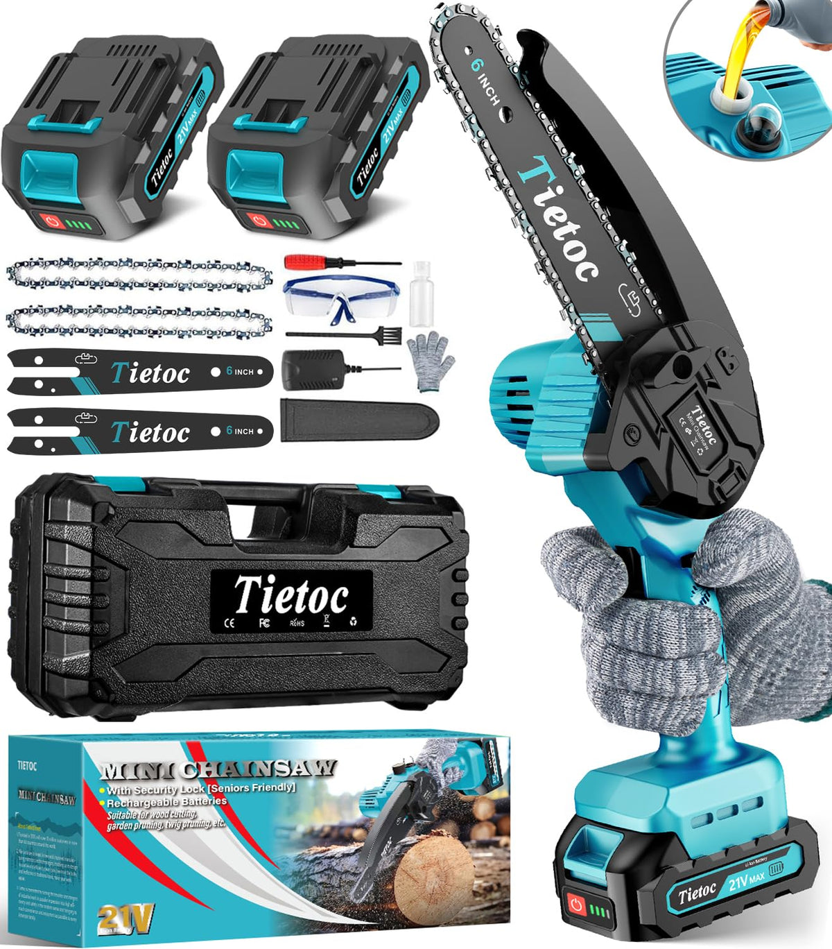 Tietoc mini chainsaw front view showcases compact power for easy handheld garden work.