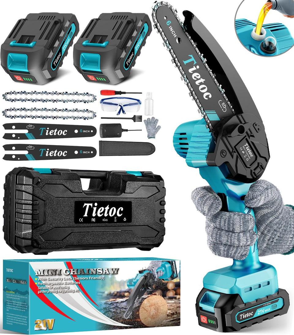 Tietoc mini chainsaw front view showcases compact power for easy handheld garden work.