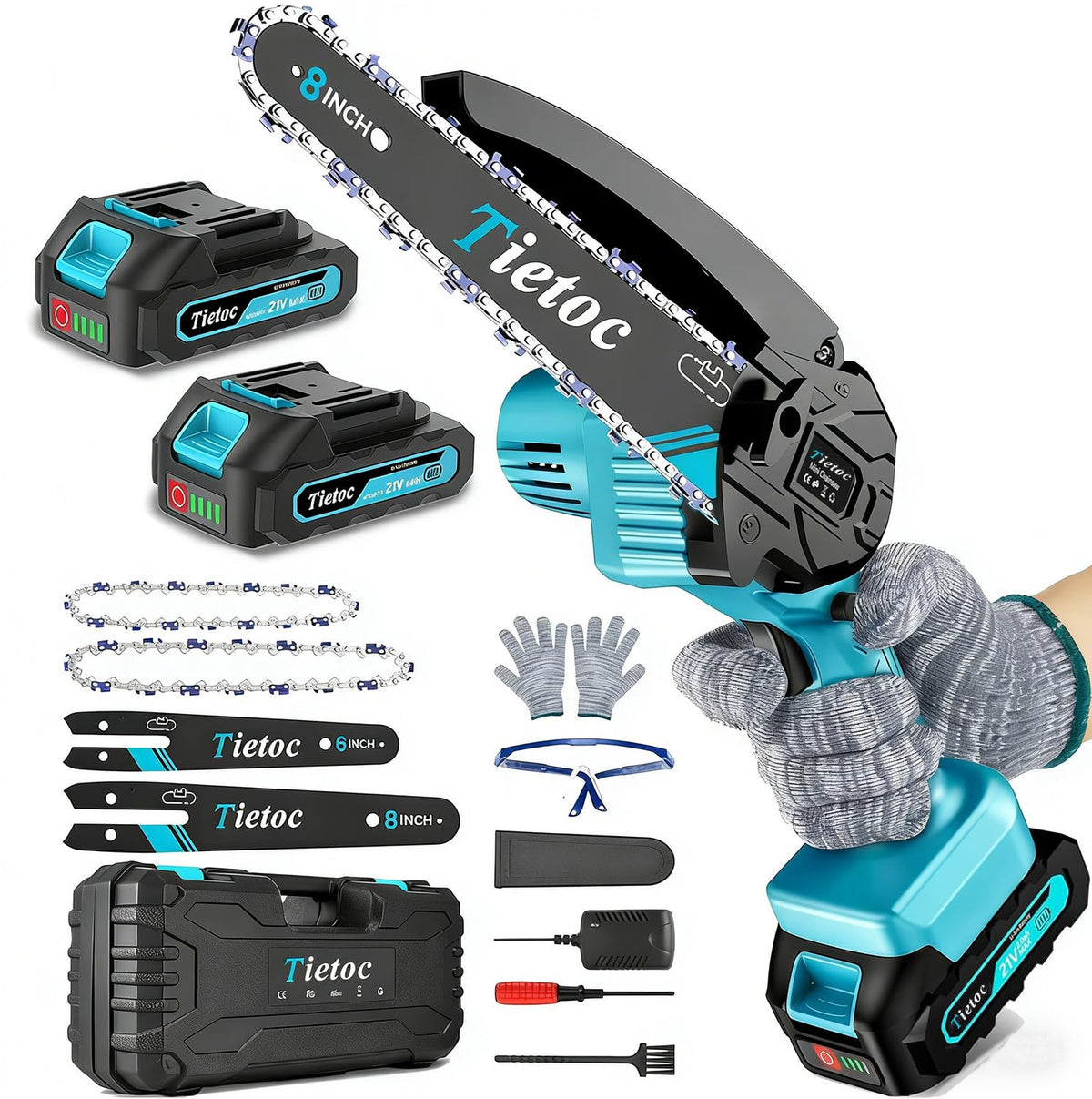 Tietoc mini chainsaw with 8-inch guide bar for efficient wood cutting at home