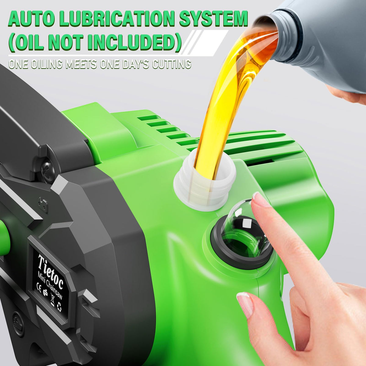 Tietoc auto-oiler feature maintains chain lubrication for smoother cuts.