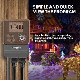 Weatherproof outdoor timer enclosure protecting outlets during rain.