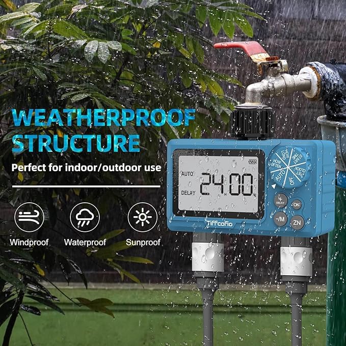 Manual mode offers direct control over watering sessions with Tiffcofio timer.