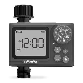 Tiffcofio programmable sprinkler timer shows water volume control for precise garden irrigation.