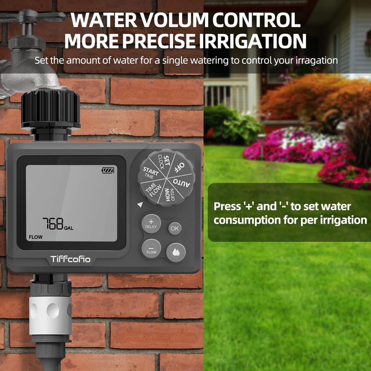 Tiffcofio rain delay function prevents overwatering after rain.