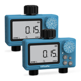 Tiffcofio sprinkler timer with dual outlets for outdoor irrigation control.