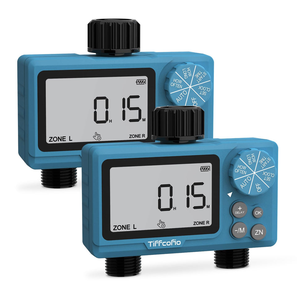 Tiffcofio sprinkler timer with dual outlets for outdoor irrigation control.
