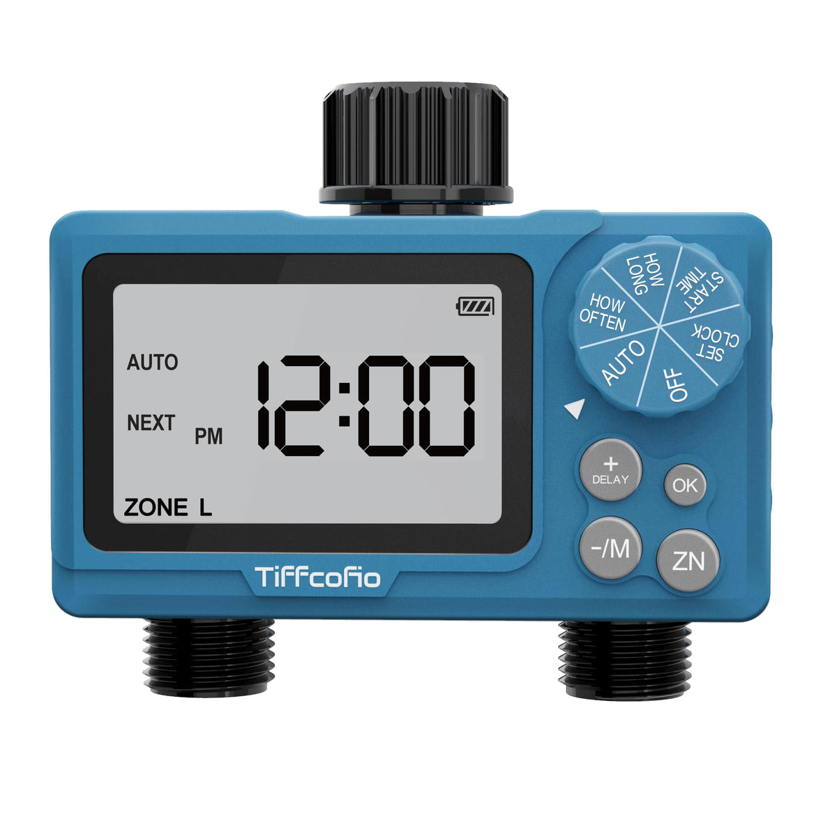 Tiffcofio Sprinkler Timer Outdoor front view with two outlets for easy irrigation control